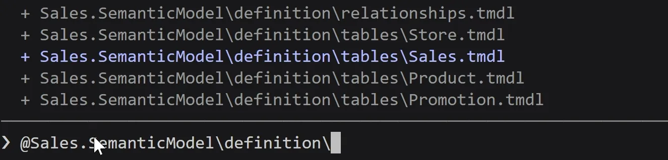 The Claude Code prompt with @Sales.SemanticModel\definition\ typed in. Above it, the suggestion menu lists relationships.tmdl and, under tables, Store.tmdl, Sales.tmdl, highlighted, Product.tmdl and Promotion.tmdl.
