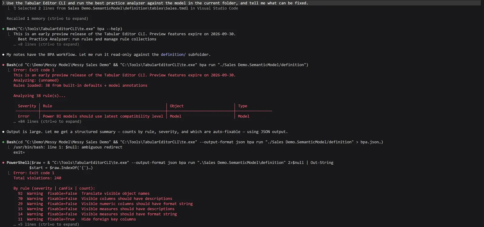 Claude Code running te.exe bpa run against the definition folder. The output shows 38 rules loaded from the built-in defaults, one Error for Power BI models should use latest compatibility level, and a JSON summary of 240 total violations by rule: 92 Translate visible object names, 70 Visible columns should have descriptions, 29 Visible numeric columns should have format string, 15 Visible measures should have descriptions, 14 Visible measures should have format string, and 11 Hide foreign key columns, the only rule marked fixable.
