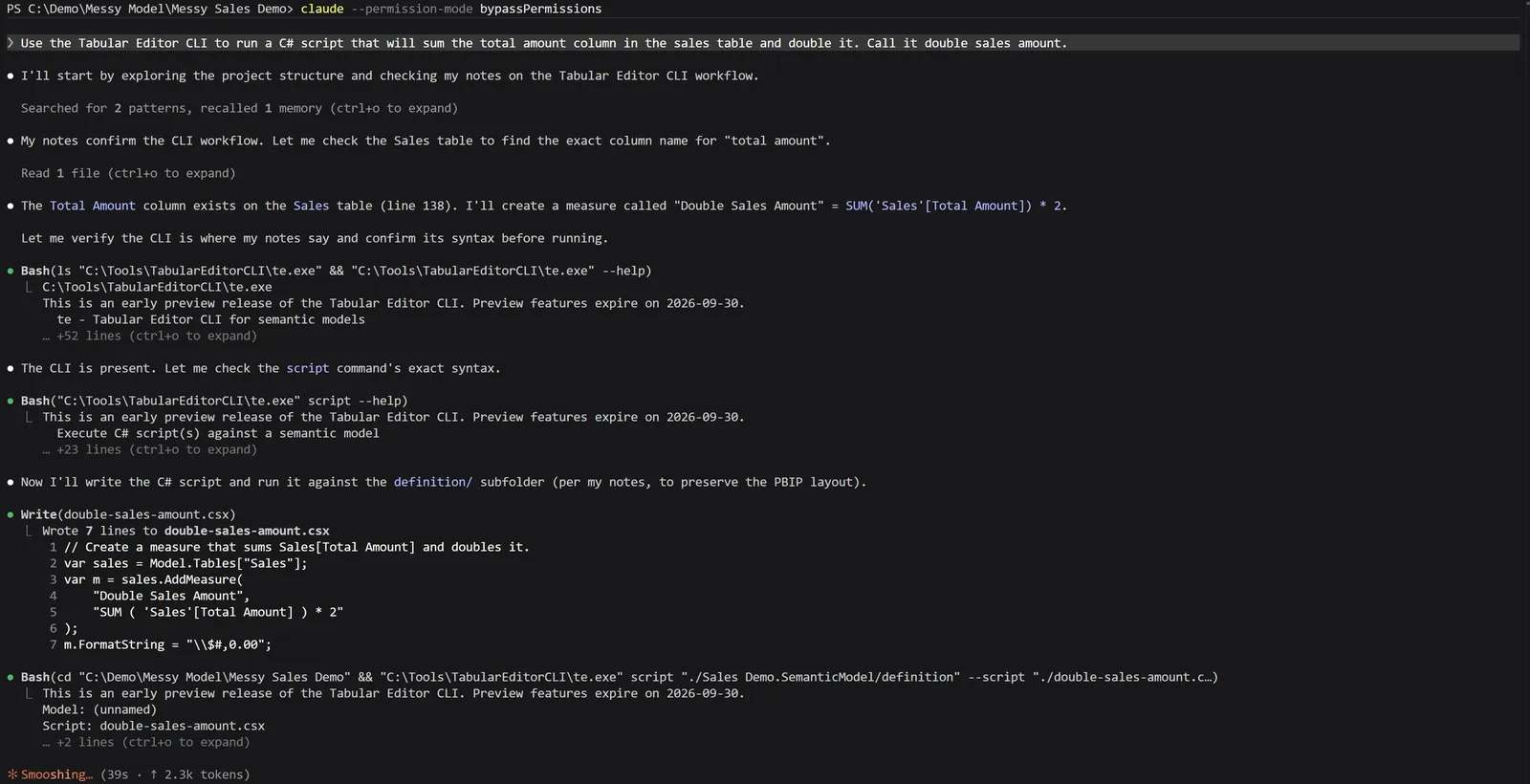 Claude Code in the VS Code terminal, asked to run a C# script that doubles the total amount column. It finds the Total Amount column in the Sales table, checks te.exe --help and te.exe script --help, writes a seven-line double-sales-amount.csx that calls Model.Tables["Sales"].AddMeasure, and runs it with te.exe script against the Sales Demo.SemanticModel/definition folder.