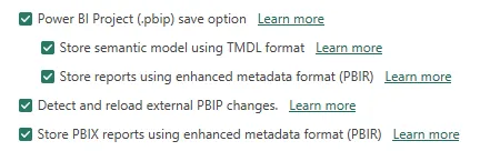 Power BI Desktop's Preview features list with five settings checked: Power BI Project (.pbip) save option, Store semantic model using TMDL format, Store reports using enhanced metadata format (PBIR), Detect and reload external PBIP changes, and Store PBIX reports using enhanced metadata format (PBIR).