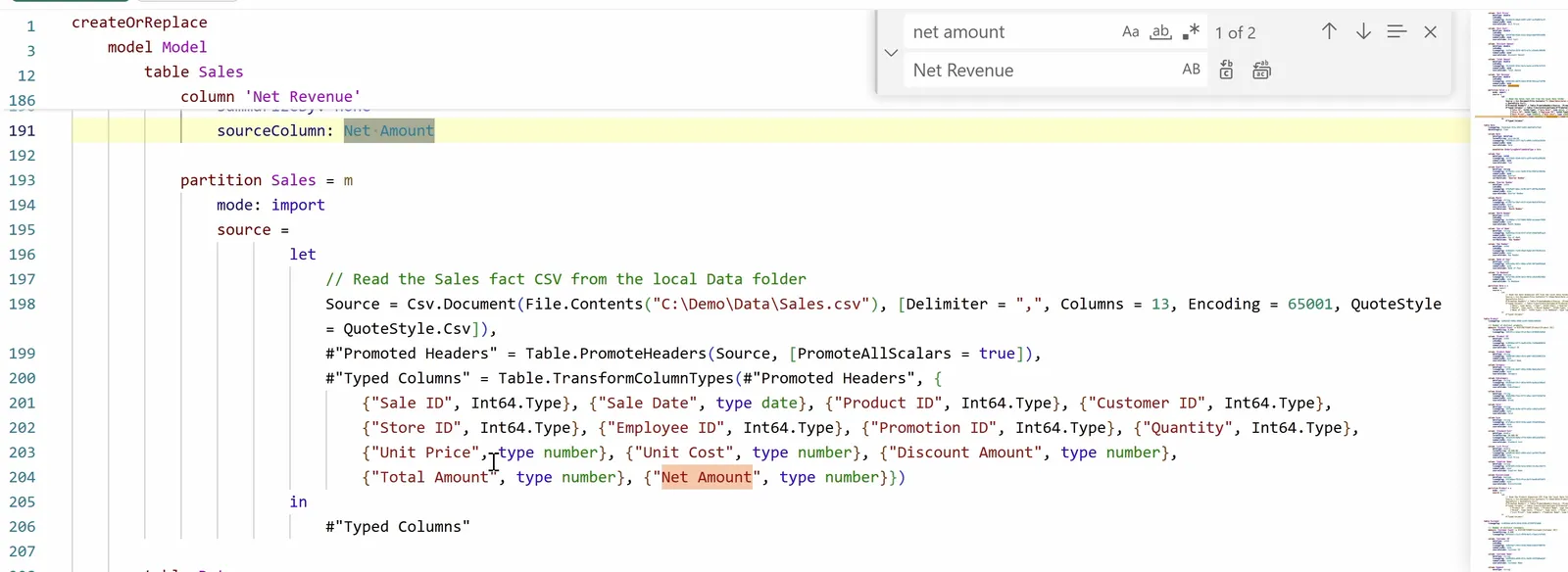 Find and replace in the whole-model script, finding net amount and replacing it with Net Revenue, on match 1 of 2. Line 186 already reads column 'Net Revenue'. The current match, highlighted, is line 191: sourceColumn: Net Amount. Below it, the Sales partition's Power Query step lists {"Net Amount", type number} on line 204, the other remaining match.