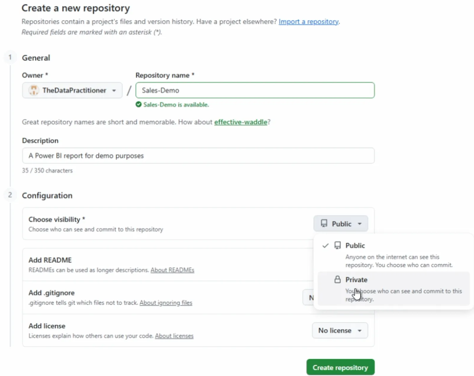 GitHub's Create a new repository form. The owner is TheDataPractitioner, the repository name is Sales-Demo with a note that it is available, and the description reads A Power BI report for demo purposes. The visibility menu is open, showing Public and Private. Below it are the Add README, Add .gitignore, and Add license settings.