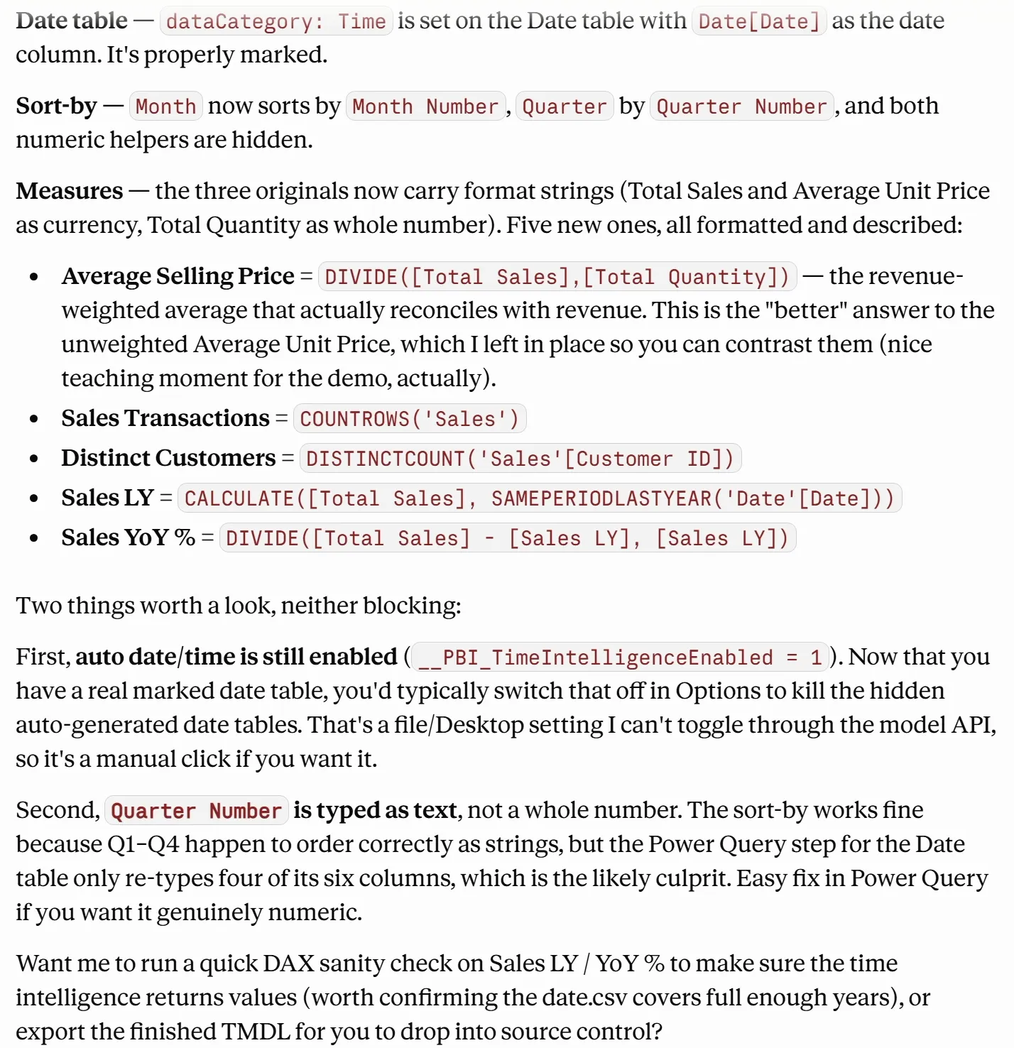 Claude Desktop summary of the finished optimize pass: the Date table marked with dataCategory Time, Month and Quarter sorted by their number columns, format strings on the three original measures, and five new measures with their DAX. Below, two notes: auto date/time is still enabled, and Quarter Number is typed as text.