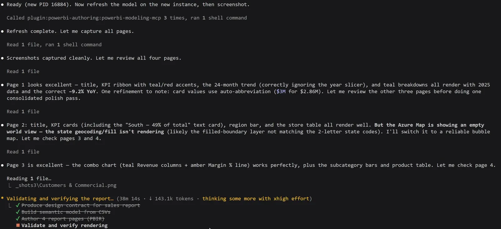 The agent restarts Power BI Desktop, refreshes the model through the modeling MCP server, captures all four pages and reviews each screenshot. Page 1 looks right, with the 24-month trend ignoring the Year slicer and the correct -9.2% YoY, but the cards abbreviate $2.86M to $3M. On page 2 the Azure Map is showing an empty world view, so it will switch to a bubble map. Page 3 renders as designed. The task list shows three steps done and Validate and verify rendering in progress, at 38 minutes and 143.1k tokens.