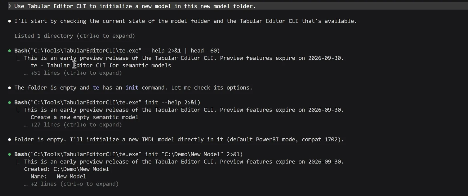 Claude Code in the VS Code terminal. The prompt reads: Use Tabular Editor CLI to initialize a new model in this new model folder. The agent runs te.exe --help and te.exe init --help, says the folder is empty, then runs te.exe init on C:\Demo\New Model, which reports Created: C:\Demo\New Model and Name: New Model.