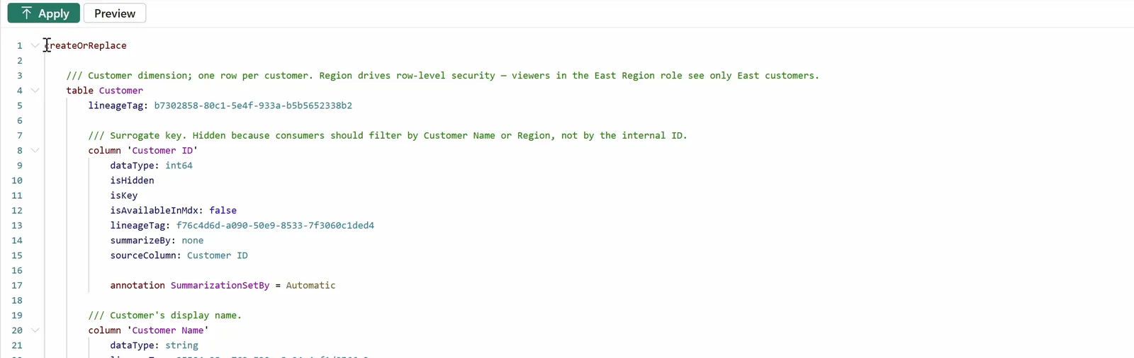 Power BI Desktop's TMDL view with the Apply and Preview buttons above a script that starts with createOrReplace, followed by the Customer table's definition: its /// description, table Customer, then the Customer ID column with its own /// description and properties dataType int64, isHidden, isKey, and sourceColumn, then the Customer Name column.