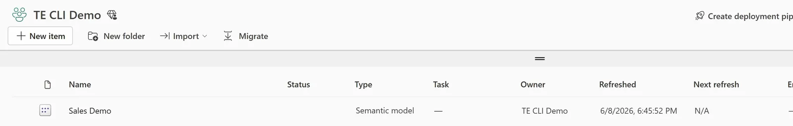 The TE CLI Demo workspace in the Power BI service, listing one item: Sales Demo, of type Semantic model, owned by TE CLI Demo, refreshed 6/8/2026, 6:45:52 PM.